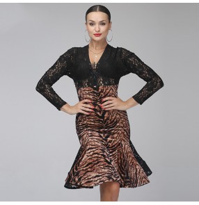 Women tiger printed with black lace latin dance dresses hight waistline long sleeves modern rumba salsa chacha dance dress for lady 