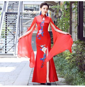 Women traditional Chinese dresses Qipao Stage Catwalk Show Sleeve Performance photos shooting Dress Women's Long Mermaid Cheongsam Dress