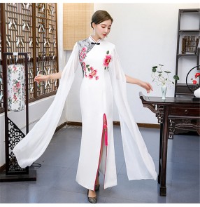 Women traditional qipao dresses chinese dresses Catwalk stage long team performance cheongsam dress red slim fishtail cheongsam