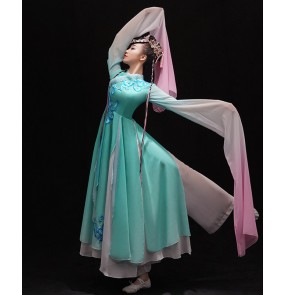 women turquoise pink gradient colored waterfall sleeves chinese folk dance dress traditional classical fairy dance costumes chinese hanfu caiwei dance dress  for female