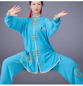 Women turquoise red white embroidered tai chi clothing Chinese kung fu uniforms wushu martial competition clothes Men and women cotton linen tai chi martial arts suit