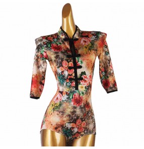 Women velvet flowers ballroom latin dance bodysuits modern dance rumba chacha waltz tango dance jumpsuits body tops 