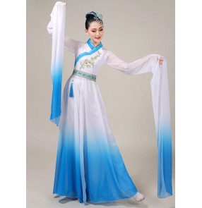 Women waterfall sleeves blue with white gradient chinese Classical dance costume female fairy hanfu dresses adult Chinese water sleeves dance costume