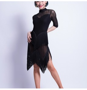 Women white black fringes latin dance dresses female stage performance competition rumba chacha salsa samba dance skirts dress