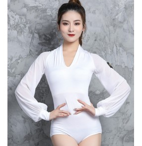 Women white black Latin dance bodysuits lantern sleeve one-piece long-sleeved adult v-neck practice clothes female national standard dance top