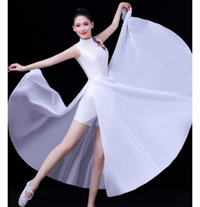 Women white colored chinese folk dance dresses fairy dresses modern dance dresses traditional classical dance dresses