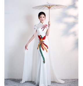 Women white red oriental qipao cheongsam phoenix dresses  with cape catwalk cheongsam costume women white long banquet solo singers host miss etiquette dresses