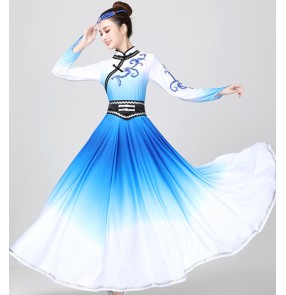 Women white with blue chinese Mongolian dance costume female art test big swing skirt ethnic minority Mongolia dance performance costume Mongolian practice skirt