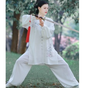 Women White with flowers Tai Chi clothing female Wushu performance Kungfu Uniforms Morning exercise clothing Chinese style spring summer tai ji quan clothes