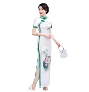 Women White with lotus printed Chinese Dresses Cheongsam Qipao Dresses model show miss etiquette host singers evening party dresses