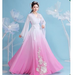 Women white with pink gradient Hanfu fairy dresses Female Chorus Student Classical Dance Performance Annual Meeting Performance dresses