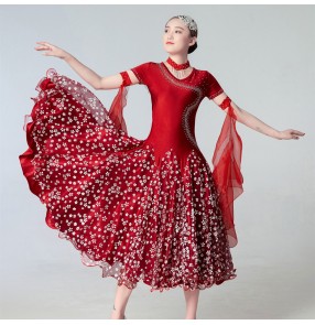 Women wine black floral competition ballroom dance dresses rhinestones waltz tango foxtrot standard national ballroom dancing skirts for female