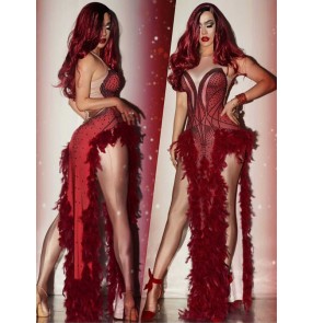 Women wine feather jazz dance slit dresses Business performance bar singer concert event dance Ds performance GoGo dancers diamond feather split skirt