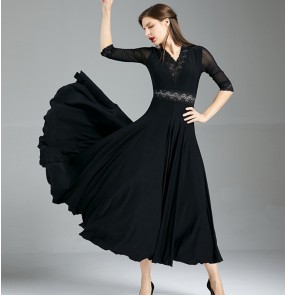 Women wine red black lace ballroom dance dress lady waltz tango dance gown smooth foxtrot dance dresses for female