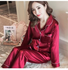 Women wine silver Pajama Sets Silk Satin Pijama Turn-down Collar Sleepwear Lady Long Sleeve Spring Nightwear Femme 2 Pieces Sets Homewear