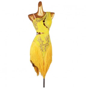 Women yellow diamond competition tassels latin dance dresses female latin skirts stage performance salsa rumba chacha dance dresses