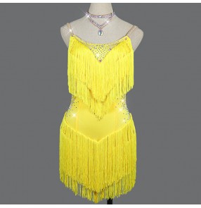 Women yellow fringes diamond competition latin dance dress stage performance rumba salsa chacha dance dress
