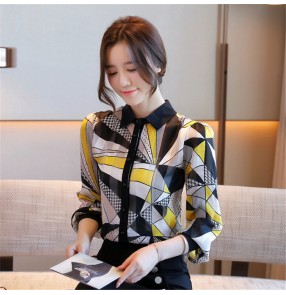 Women yellow gemoetry printed chiffon blouses Fashion printed chiffon temperament puff sleeve shirt women's slim long-sleeved shirt