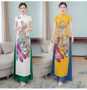 Women yellow white peacock chinese dress oriental qipao improved cheongsam embroidery evening dress Ao Dai model group catwalk performance choir dresses