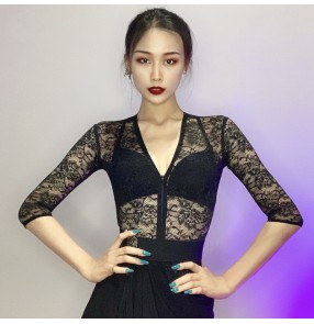 Women Young girls Black lace Latin ballroom dance Bodysuits sexy hollow lace mesh exercise latin dance clothes women mid-sleeve ballroom waltz tango dance jumpsuits