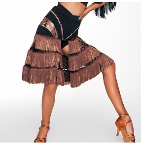 Women young girls black with brown tassels leopard latin dance skirts salsa rumba chacha performance skirt for female