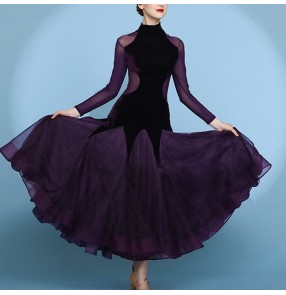 Women young girls dark puple velvet long sleeves ballroom dance dresses modern waltz tango foxtrot smooth dance long dress for woman