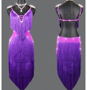 Women young girls Purple violet fringe competition Latin Dance dresses modern dance performance outfits Professional rumba chacha ballroom dance costumes