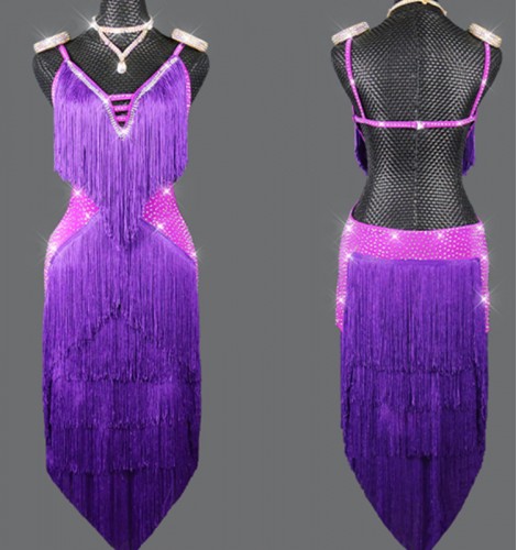 Women young girls Purple violet fringe competition Latin Dance dresses ...