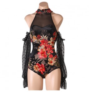 Women young girls red velvet floral ballroom latin dance one-piece bodysuits top modern rumba chacha salsa dance one-piece body top with hollow shoulder long sleeves bra pad for woman