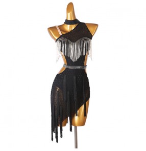 Women young girls Slant neck inclinded shoulder tassels professional competition black latin dance dress diamond one shoulder Latin dance costume fringed bling Latin dance skirts 