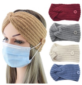 wool headband with button for wearing face mask for unisex Knitted handmade headband Warm autumn and winter hair accessories Cross ear protection headgear