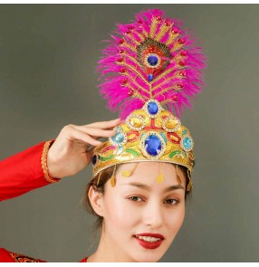 Xinjiang Dance Feather headdress for women Headwear Peacock feathers and diamond dance hat Uighur dance Kazakh dance flower hat
