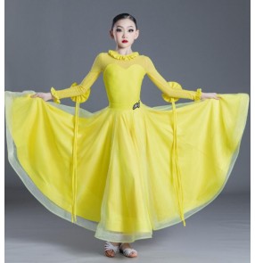 Yellow ballroom dancing dresses for girls kids children long sleeves bowknot long sleeves long ballroom dance skirts for kids