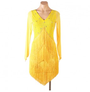 Yellow black red royal blue white fringe latin dance dresses with diamond for women girls tassels salsa cha cha ballroom performance costumes 