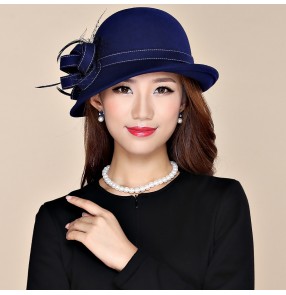 yellow black wool Fedoras church hats for women female fashion wine navy silver colored wool material England style derby party hats for lady