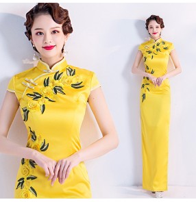 yellow Chinese dress oriental chinese traditional cheongsam stage performance evening party host singers miss etiquette evening dress qipao for women 