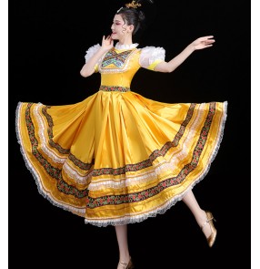 Yellow color Russian Ethnic folk dance costume for women European Palace Maid drama cosplay dresses adult film TV photos shooting performance big swing skirt gown