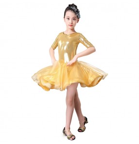 Yellow competition girls children latin dance dresses stage performance rumba samba salsa chacha dance dresses