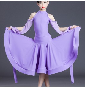 Yellow hot pink purple ballroom dance dress for girls kids long hollow sleeves with ribbon flowy ballroom stage performance long skirts for children