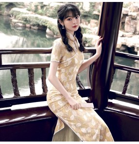 Yellow leaves pattern Lace chinese dress women qipao dresses cheongsam young girl old Shanghai host singers miss etiquette show banquet dress