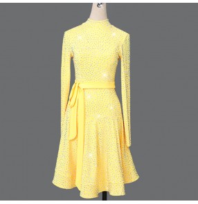 Yellow rhinestones competition latin dance dresses for women kids latin dance costumes stage performance salsa chacha rumba dance dress