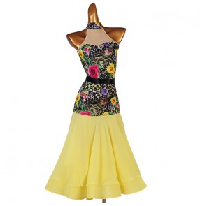 Yellow with floral ballroom dancing dress for women girls waltz tango dance dress standard ballroom dance costumes for lady