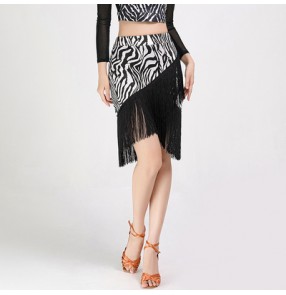 Zebra Black fringe latin dance skirts for girls women side slit salsa cha cha rumba dance skirt for female