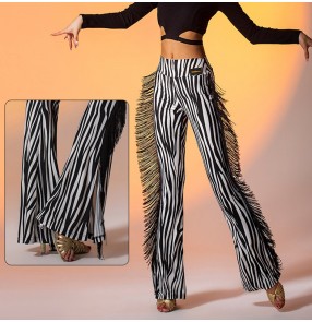 Zebra black Latin dance fringed Long pants for women High-waisted latin ballroom trousers flared trousers side slit practice clothes for woman